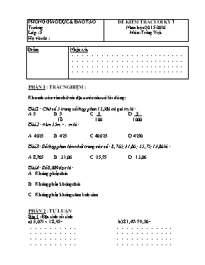 Đề kiểm tra cuối học kỳ 1 môn Toán Khối 5 - Năm học 2015-2016